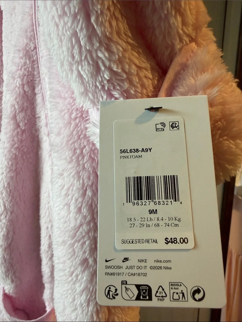 Nike Baby Pink Fleece One-Piece Romper! Sz 9 months